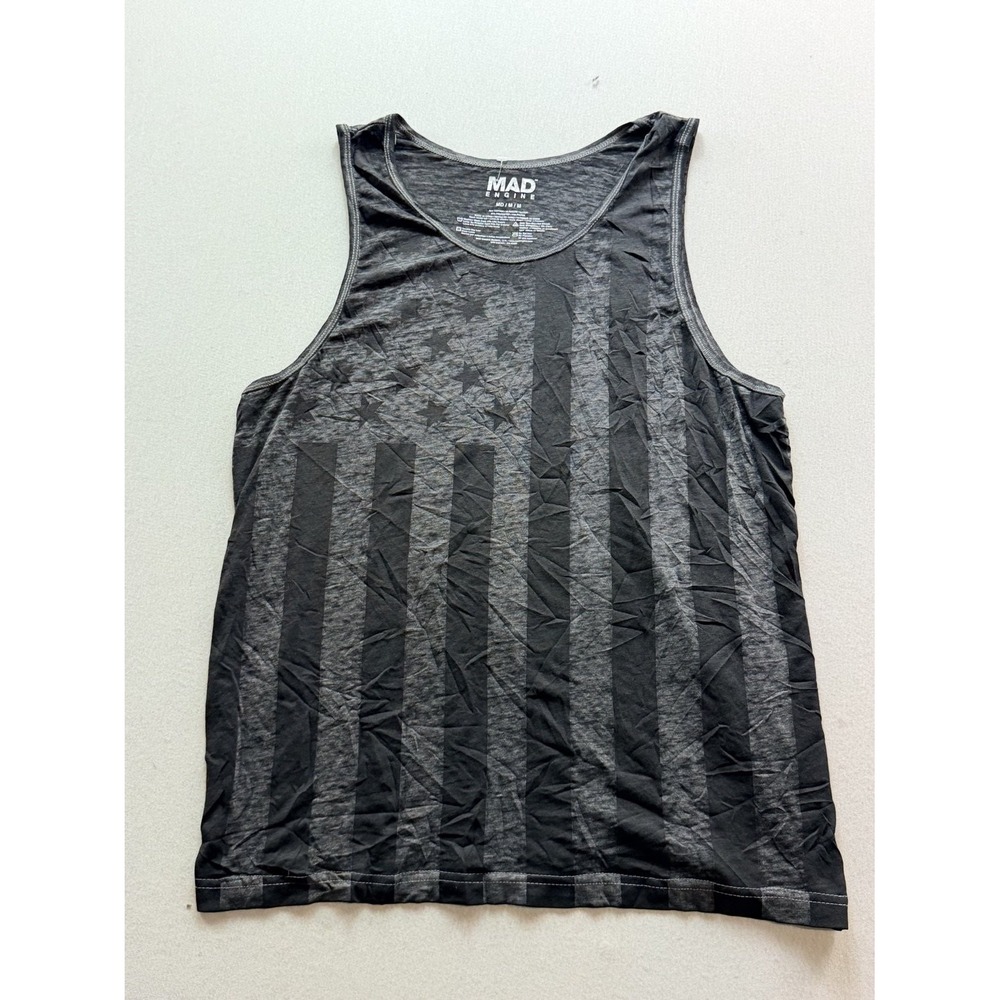 Mad Engine Tank Top Mens Medium Black Gray Good Striped American Flag Graphic